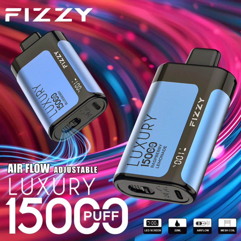 Bruisende luxe wegwerp-vape met 15.000 trekjes, instelbare luchtstroom, LED-scherm, mesh-coil en frambozenlimonade-smaak in een strak blauw en zwart design.