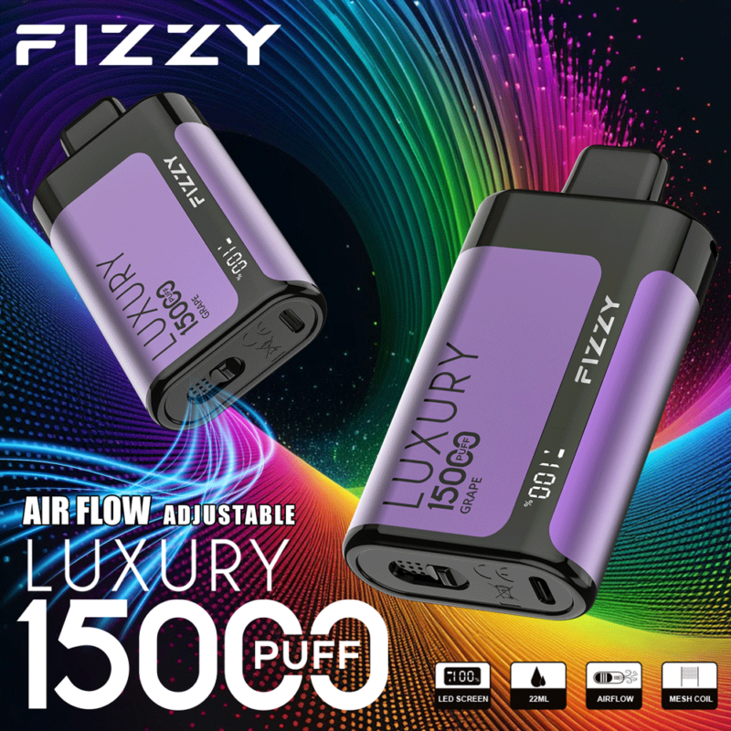 Fizzy Luxe vape-apparaat met 15.000 trekjes, instelbare luchtstroom, LED-scherm en een capaciteit van 22 ml in paars en zwart design.