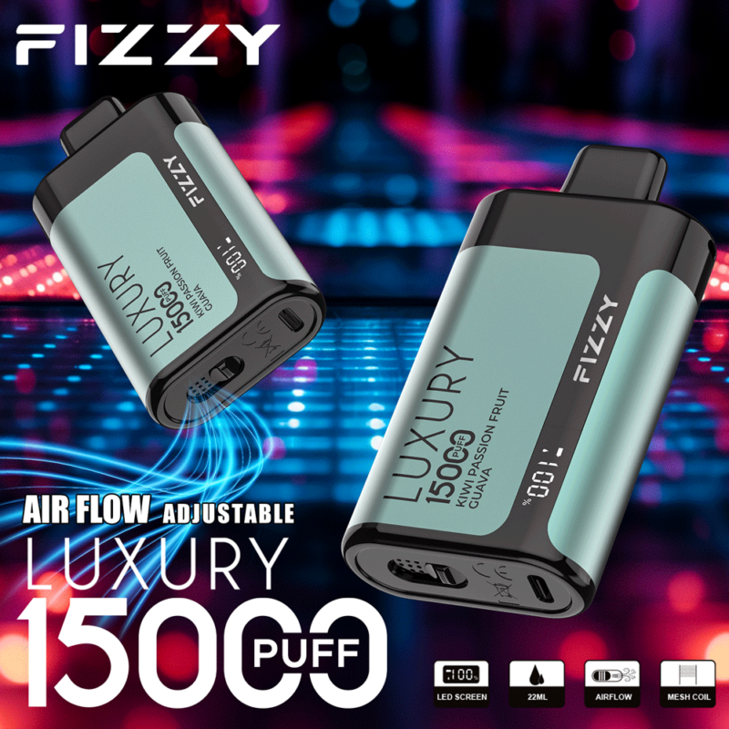 Bruisend luxe vape-apparaat met instelbare luchtstroom, LED-scherm, 15.000 trekjes en een e-liquidcapaciteit van 22 ml met de smaken kiwi, passievrucht en guave.