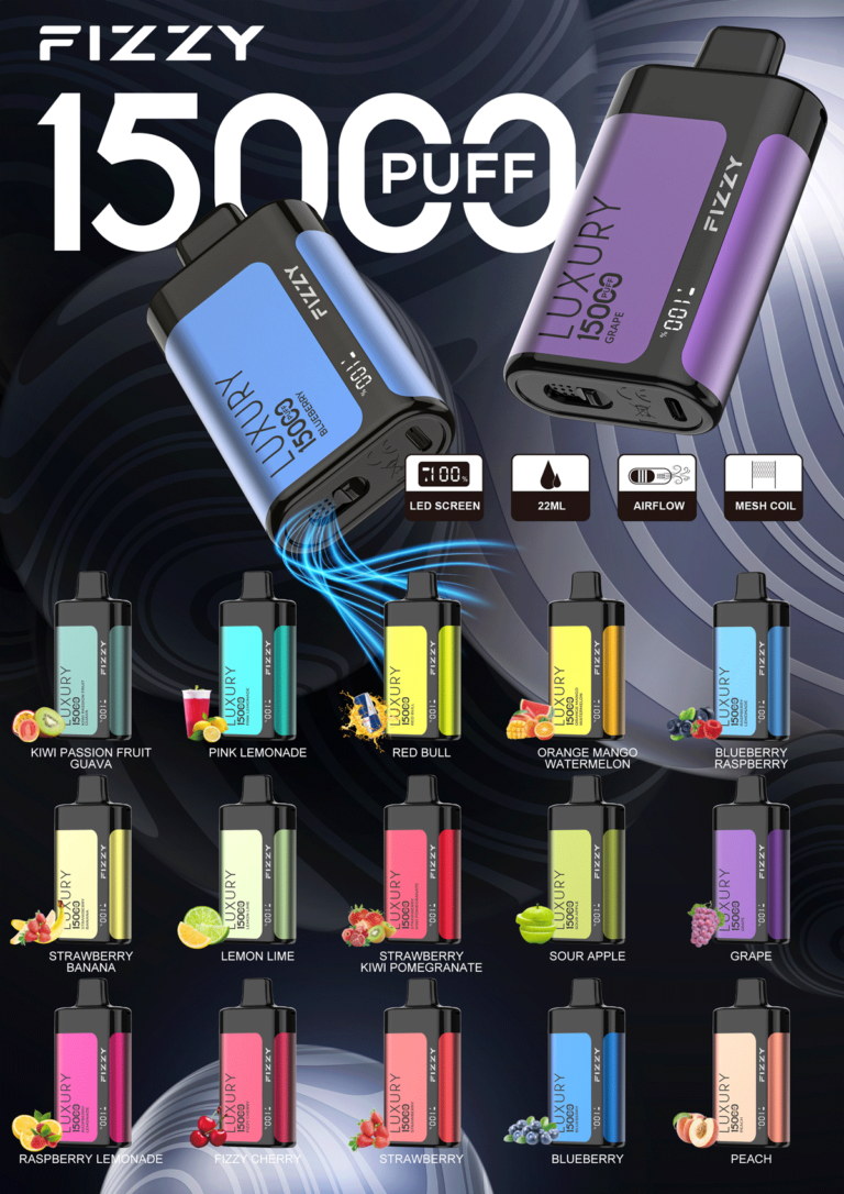 Fizzy Luxury 15000 Puff vape-apparaten in verschillende smaken, met functies zoals een LED-scherm, 22 ml capaciteit, instelbare luchtstroom en mesh coil-technologie. De smaken omvatten kiwi passion fruit guave, pink lemonade, red bull, orange mango watermelon, blueberry framboos en meer.