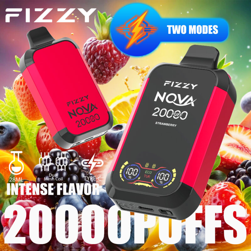 FIZZY NOVA 20000 boccate di vaporizzatore usa e getta al gusto di fragola, dispositivo di colore rosso e nero brillante con sfondo di frutta e indicazione di due modalità.
