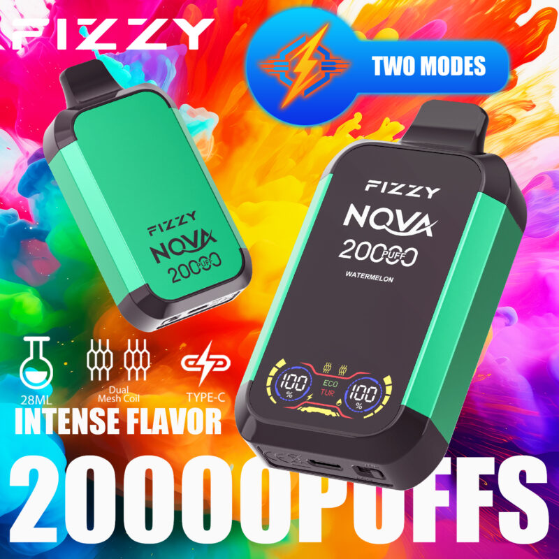 Immagine promozionale colorata raffigurante un dispositivo per lo svapo verde e nero con l'etichetta "Fizzy Nova 20000 Puffs" con la scritta "Intense Flavor", circondato da colori vivaci e vorticosi.