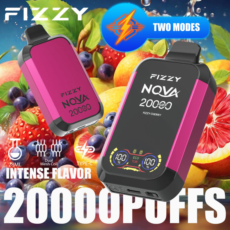 Dispositivo per svapare FIZZY NOVA con 20.000 boccate, doppia bobina a rete, ricarica Type-C e intenso sapore di ciliegia, esposto su uno sfondo di vari frutti.