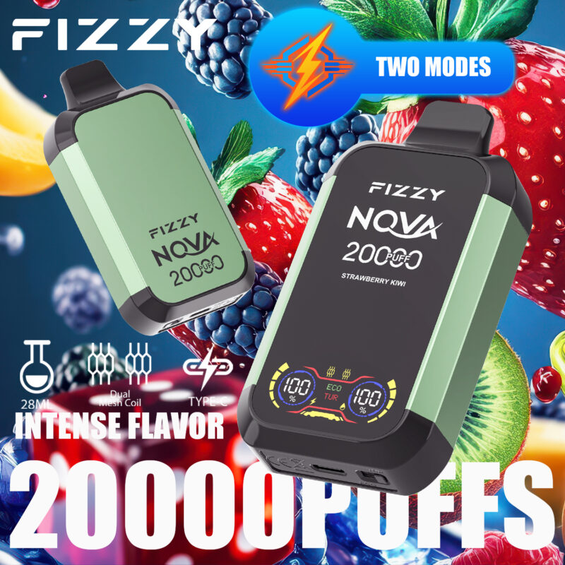 Dispositivo per svapare Fizzy Nova con 20.000 boccate, due modalità e aroma fragola e kiwi, dotato di una capacità di 28 ml, doppia bobina a rete e porta di ricarica di tipo C.