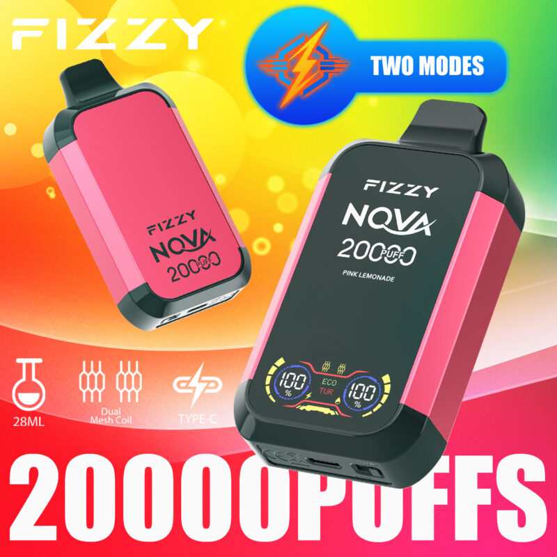 Dispositivo per svapare usa e getta rosa e nero con marchio "Fizzy Nova 20000 Puffs", dotato di doppia bobina a rete, ricarica Type-C e due modalità.