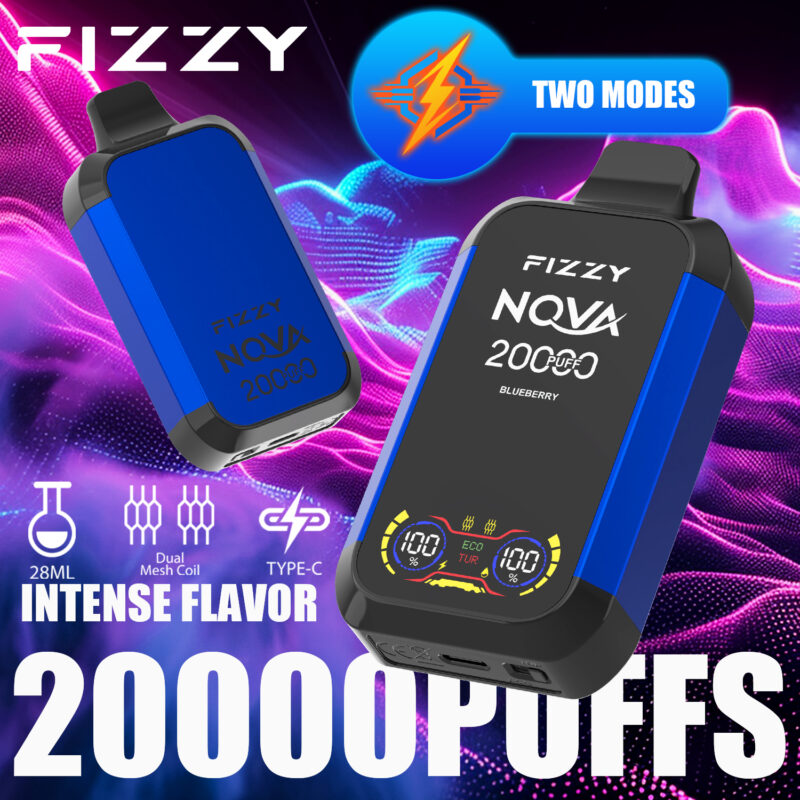Dispositivo di svapo monouso Fizzy NQVA 20000 puff di colore blu, caratterizzato da un sapore intenso, doppia bobina a rete, capacità di e-liquid di 28 ml e ricarica di tipo C.