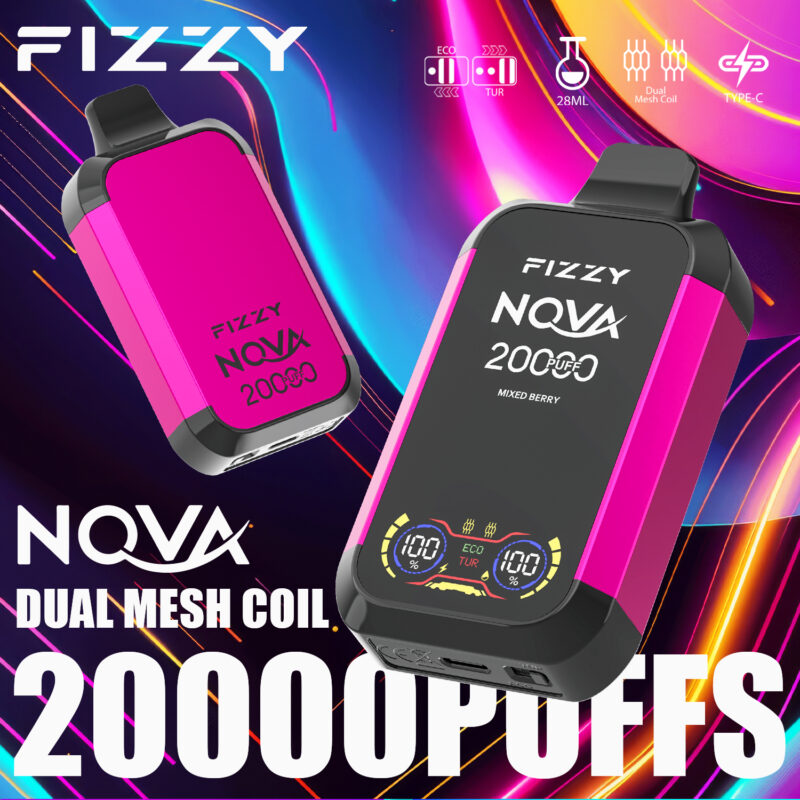 Dispositivo per svapare Fizzy Nova con doppia bobina a rete, capacità di 20.000 boccate, e-liquid da 28 ml, modalità eco e turbo, ricarica di tipo C, disponibile nei colori rosa e nero.