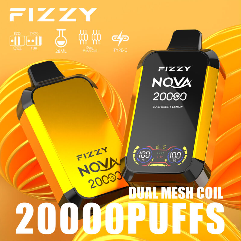 Dispositivo per svapo monouso FIZZY NOVA con doppia bobina a rete, capacità di 28 ml, ricarica di tipo C, che offre 20.000 boccate al gusto di lampone e limone, visualizzato su sfondo giallo.