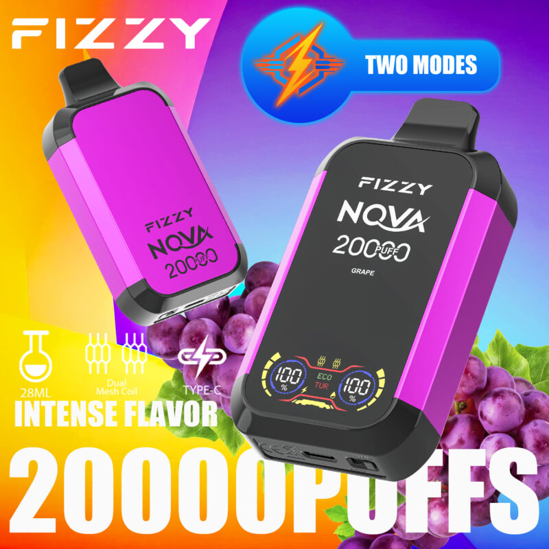 Un dispositivo per svapare Fizzy NQVA 20000 al gusto di uva con design viola e nero, doppia bobina a rete, ricarica di tipo C ed etichetta dal sapore intenso.