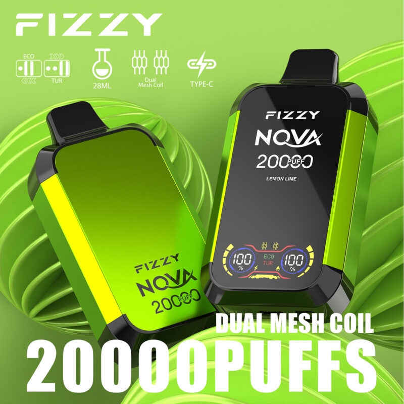 Un dispositivo per svapare Fizzy Nova verde e nero con le caratteristiche "20.000 tiri" e "bobina a doppia maglia".