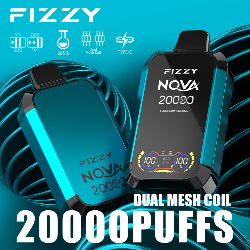 Dispositivo per svapare FIZZY NOVA blu e nero con 20.000 tiri, doppia bobina a rete, modalità ECO e TUR, capacità di 28 ml e ricarica di tipo C.