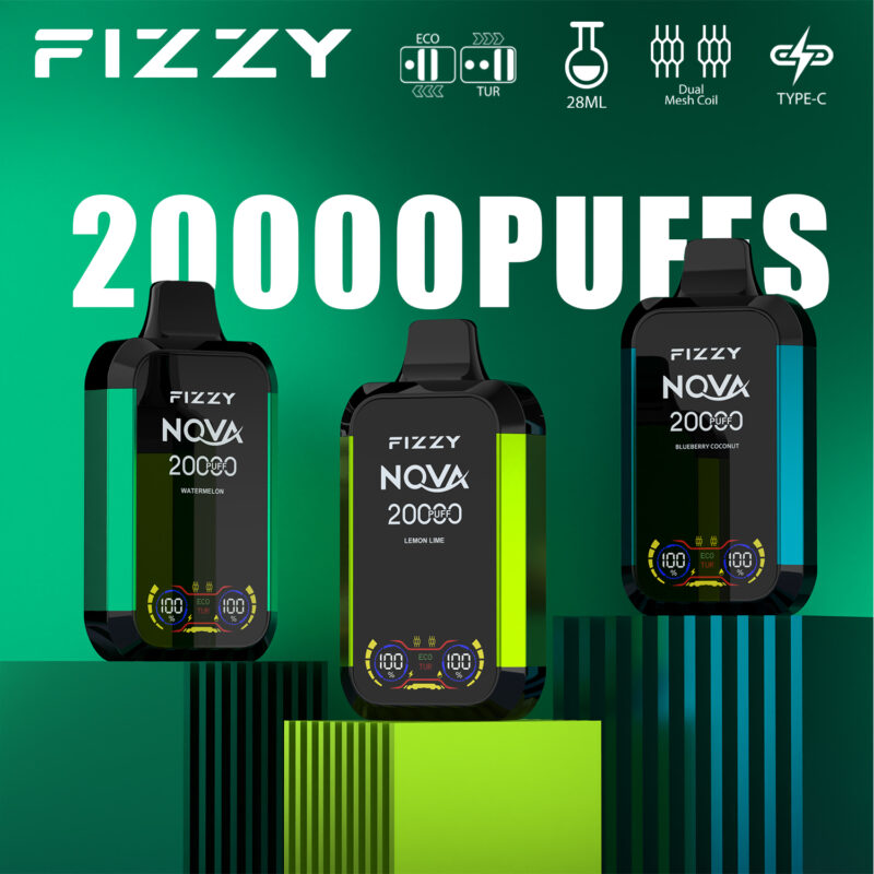 Dispositivi per svapare monouso del marchio Fizzy con 20.000 boccate, disponibili nei gusti anguria, limone e lime, mirtillo e cocco.