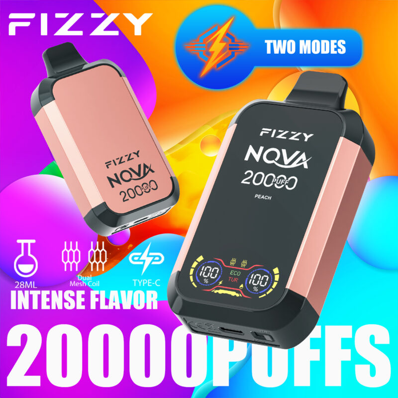 Dispositivo per svapare FIZZY NOVA con 20.000 boccate, aroma di pesca, doppia bobina a rete, capacità di 28 ml, ricarica di tipo C e due modalità, visualizzate su uno sfondo colorato.