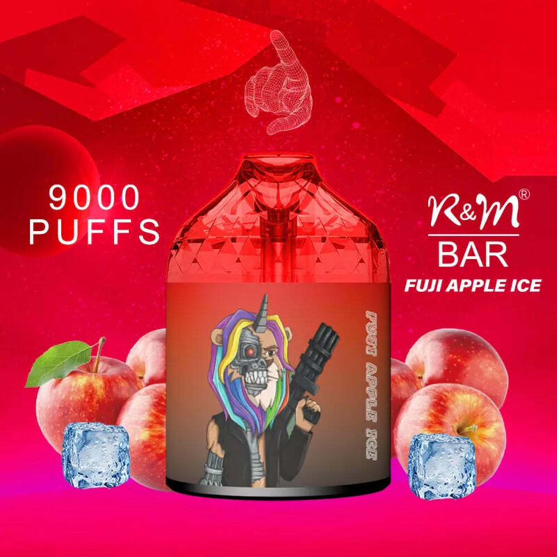 Red vape device labeled "Fuji Apple Ice" with a graphic of a colorful character, surrounded by apples and ice cubes, highlighting "9000 Puffs" and "R&M Bar" branding on a red background.