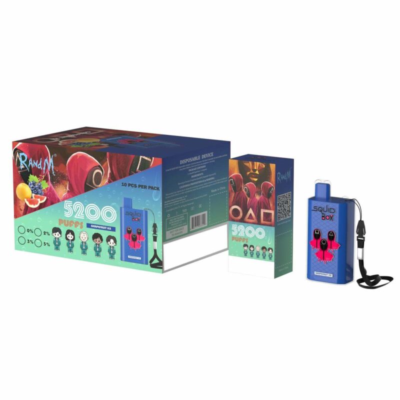 Un conjunto de empaque para un dispositivo de vapeo desechable llamado "Squid Box", que presenta una caja azul y multicolor con gráficos inspirados en la serie "Squid Game", que incluye símbolos como un círculo, un triángulo y un cuadrado, junto con el sabor etiquetado como "Grapefruit Ice", que ofrece 5200 bocanadas.