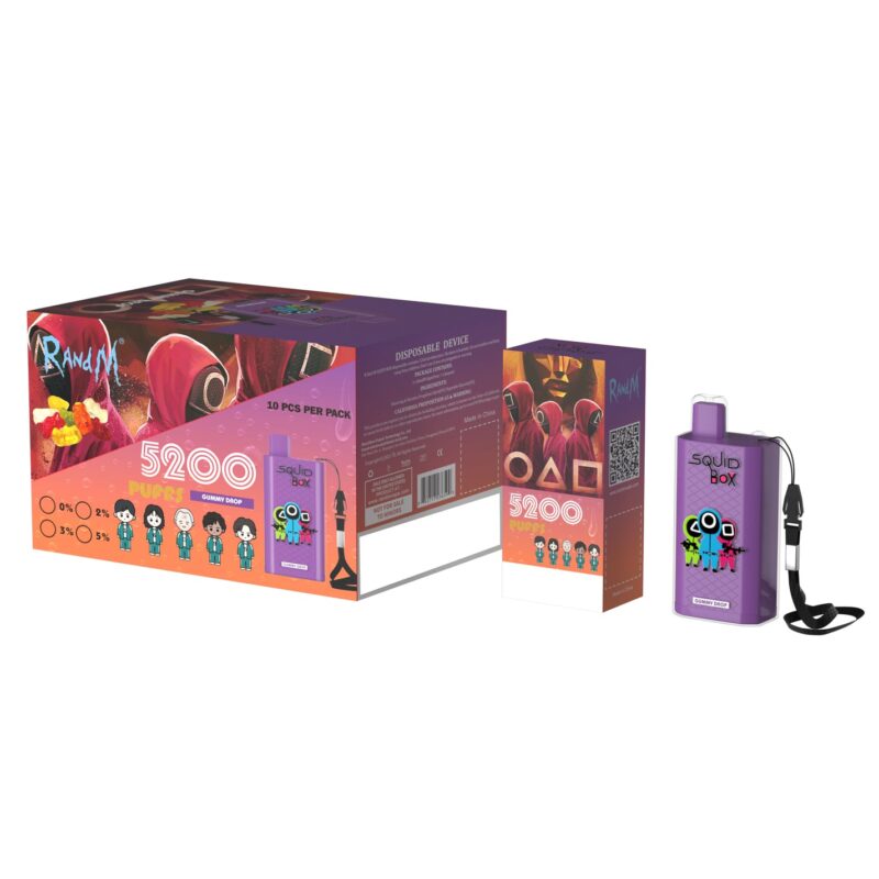 Imagen del empaque de vape desechable Squid Box que presenta personajes de dibujos animados con atuendos inspirados en la serie Squid Game, junto a un dispositivo de vapeo morado.