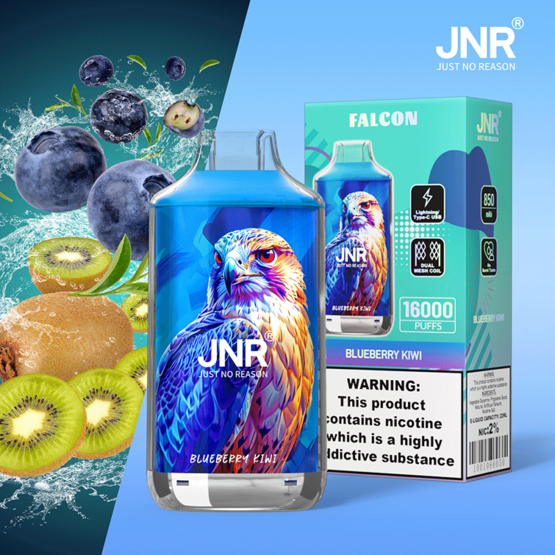 Dispositivo per svapare al gusto di mirtillo e kiwi, etichettato "JNR Just No Reason" con l'immagine di un falco, dotato di 850 mAh, doppia bobina a maglie, ricarica Type-C e 16.000 tiri.