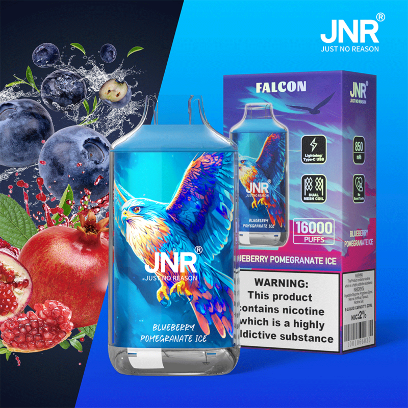 Svapo JNR Falcon con aroma di ghiaccio al mirtillo e melograno, raffigurante un vivace falco blu e arancione sul dispositivo e sulla confezione, con etichetta che indica 16.000 boccate, batteria da 850 mAh e avvertenza sulla nicotina.