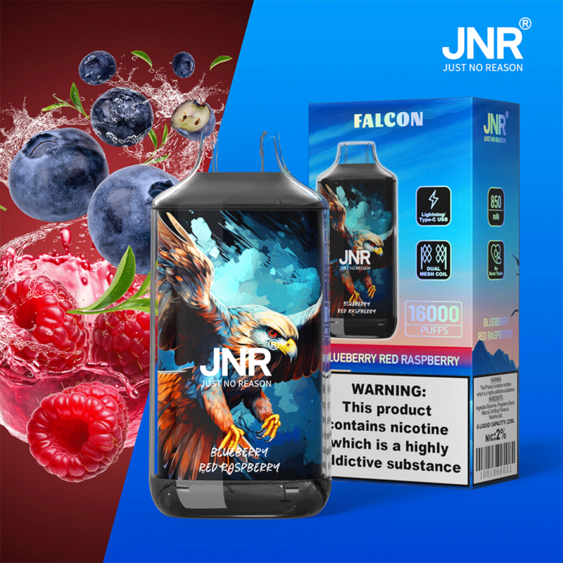 Dispositivo per svapare JNR con grafica di un'aquila, etichettato come "Blueberry Red Raspberry", dotato di batteria da 850 mAh, ricarica di tipo C, doppia bobina a rete, 16.000 tiri e avviso di nicotina.