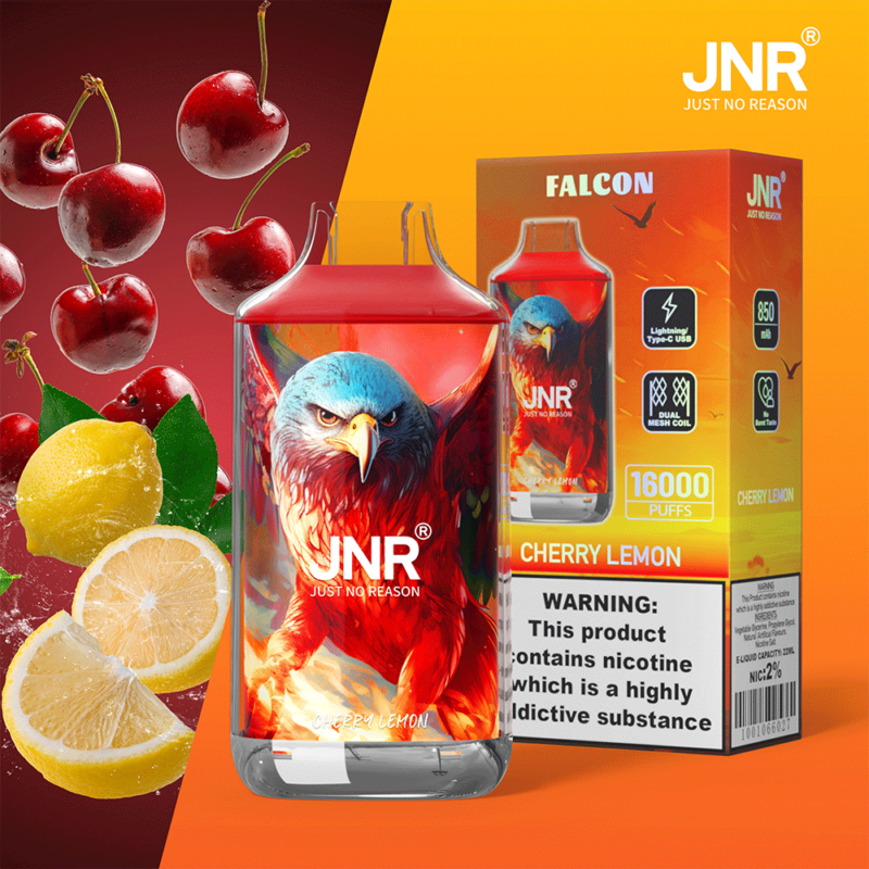 Dispositivo per svapare JNR Falcon al gusto di ciliegia e limone, con 16.000 boccate, caratterizzato da un'audace grafica di un'aquila sul contenitore, batteria da 850 mAh, doppia bobina a maglie e ricarica USB di tipo C.
