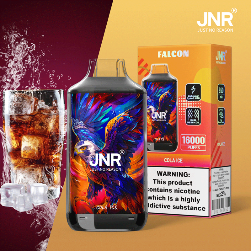 Confezione per vaporizzatore JNR Cola Ice con un colorato design a forma di aquila, capacità di 16.000 boccate, batteria da 850 mAh, doppia bobina a maglie ed etichetta di avvertenza sulla nicotina.