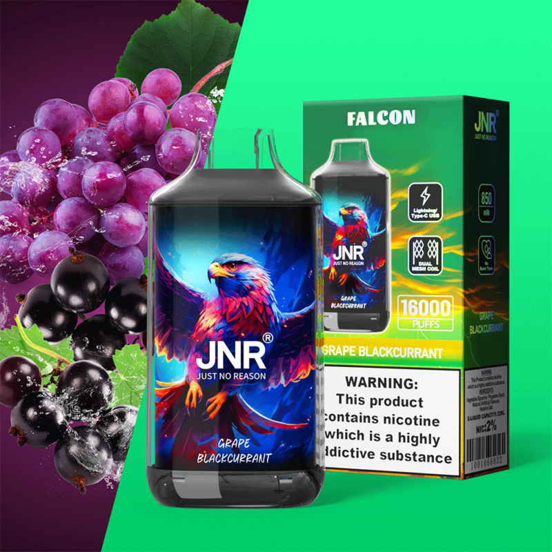 Confezione del prodotto per svapare JNR al gusto di uva e ribes nero, raffigurante un'aquila e un'avvertenza sulla nicotina.