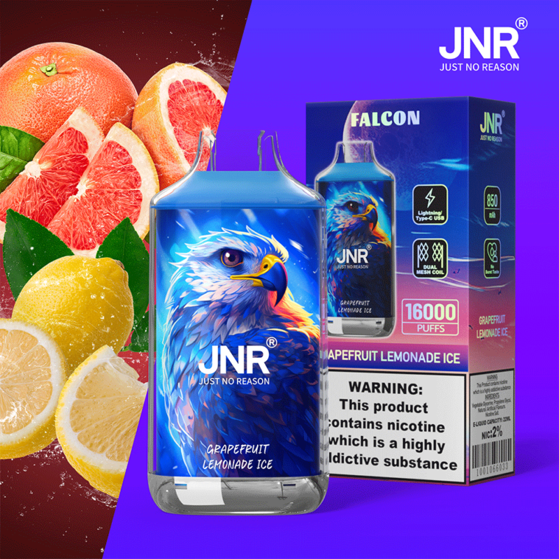 Dispositivo per svapare al gusto di Grapefruit Lemonade Ice con un vivace design di aquila sull'etichetta, marchiato come "JNR" da Just No Reason. I punti salienti della confezione includono 16.000 tiri, batteria da 850 mAh, ricarica USB Type-C e un avviso sul contenuto di nicotina.