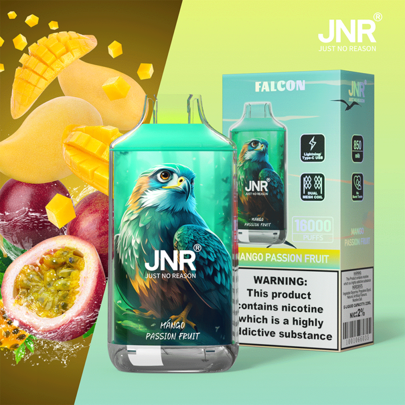 Dispositivo per svapare JNR e confezione raffigurante un falco, etichettato "Mango Passion Fruit", con immagini di mango e frutto della passione sullo sfondo; le specifiche includono 850 mAh, 16.000 boccate e avvertenza sulla nicotina.