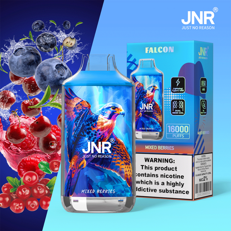 Dispositivo per svapare JNR e confezione con marchio "Falcon", raffigurante un falco e aroma "Mixed Berries", che pubblicizza 16.000 boccate e un'etichetta di avvertenza sulla dipendenza da nicotina.