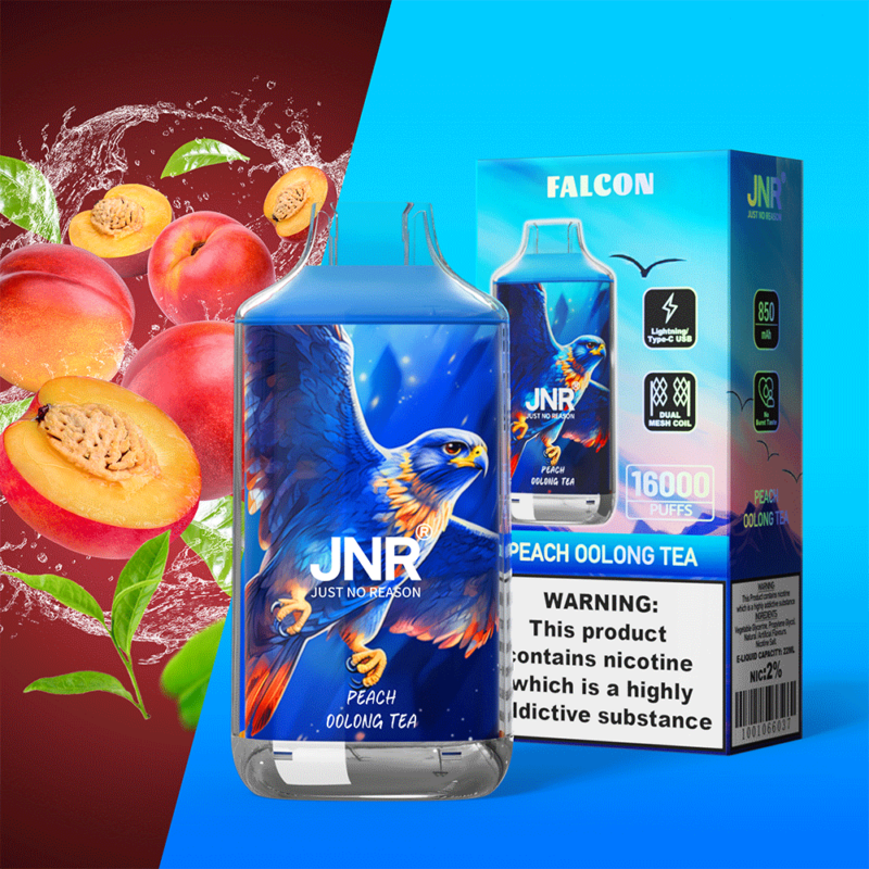 Vaporizzatore al gusto di tè Oolong alla pesca, con capacità di 16.000 boccate, raffigurante un falco blu e con un'etichetta di avvertenza sulla dipendenza da nicotina.