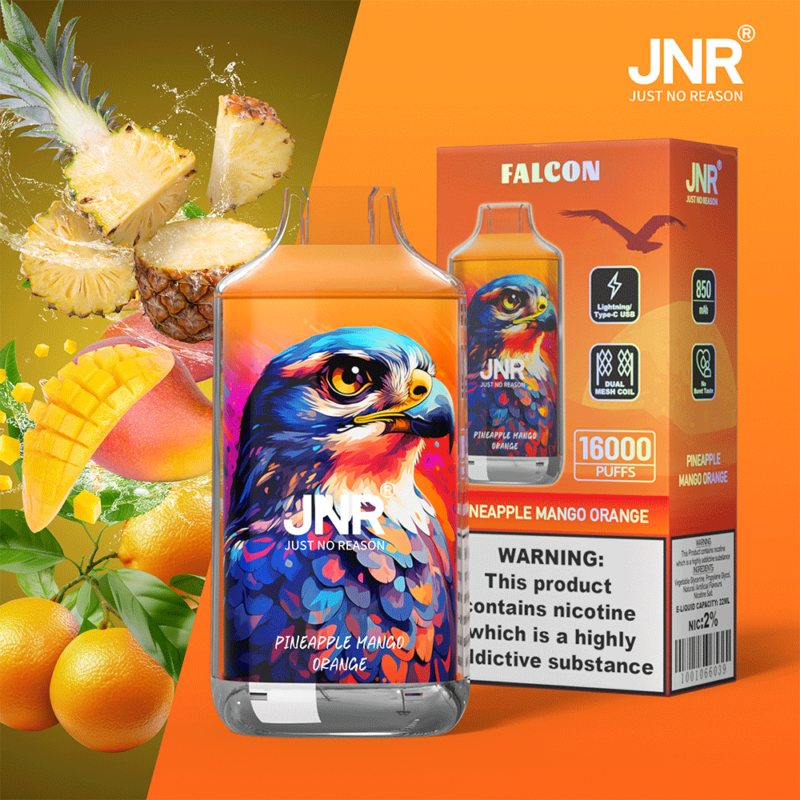 Confezione del dispositivo di svapo JNR con illustrazione di un falco con aromi di ananas, mango e arancia; 16.000 boccate, avviso di nicotina e ricarica USB Type-C