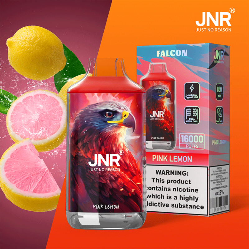 Svapo JNR Pink Lemon con illustrazione di un'aquila sulla parte anteriore, etichettato "16.000 puff", con ricarica Type-C e doppia bobina a maglie. Attenzione: "Questo prodotto contiene nicotina, una sostanza altamente assuefacente".
