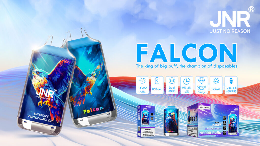 Svapo monouso JNR Falcon con vivace illustrazione di un falco, dotato di 16.000 boccate, batteria da 850 mAh, doppia bobina a rete, opzioni di nicotina 0%-5%, design artigianale in cristallo, capacità di 22 ml e ricarica di tipo C.