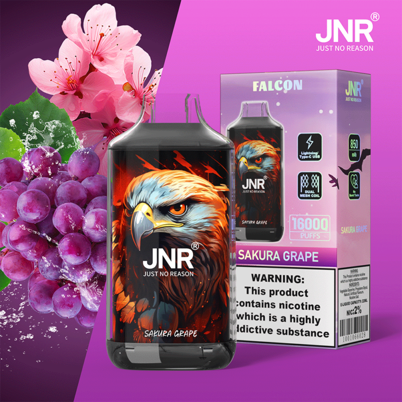 Dispositivo di svapo monouso JNR con un'aquila sull'etichetta, aroma etichettato "Sakura Grape". La confezione indica 16.000 tiri, batteria da 850 mAh, ricarica Type-C e nicotina 2%. Grafica di uva e fiori di sakura sullo sfondo.