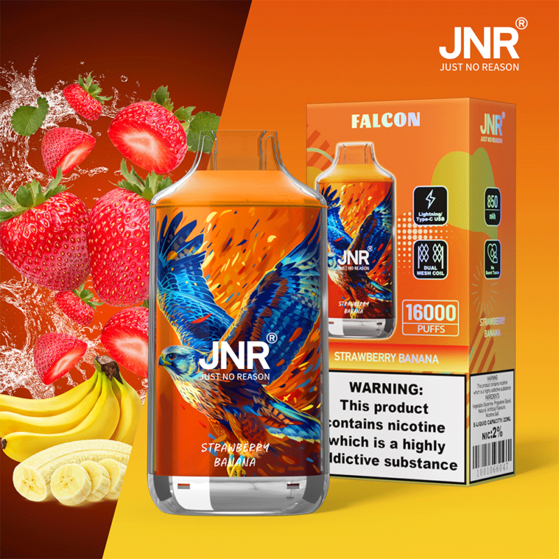 Svapo usa e getta JNR Falcon al gusto di fragola e banana, caratterizzato dall'immagine di un falco colorato sul dispositivo e sulla confezione, che offre 16.000 boccate con batteria da 850 mAh, ricarica Type-C e tecnologia dual mesh coil.