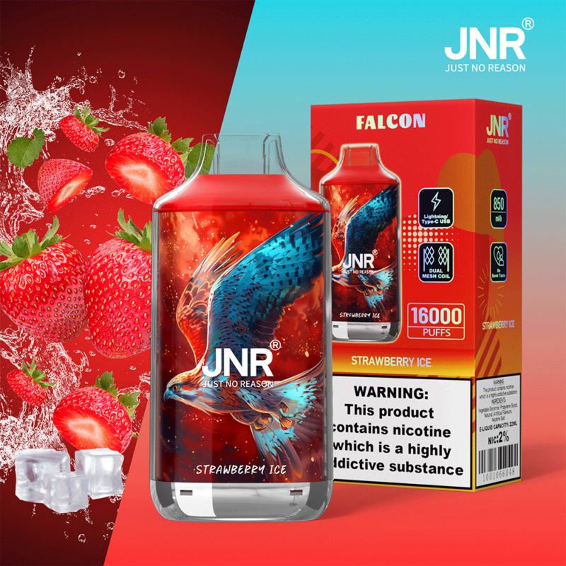 Dispositivo per svapare JNR Falcon al gusto di fragola ghiacciata, dotato di 16.000 boccate, doppia bobina a rete, batteria da 850 mAh e ricarica di tipo C.