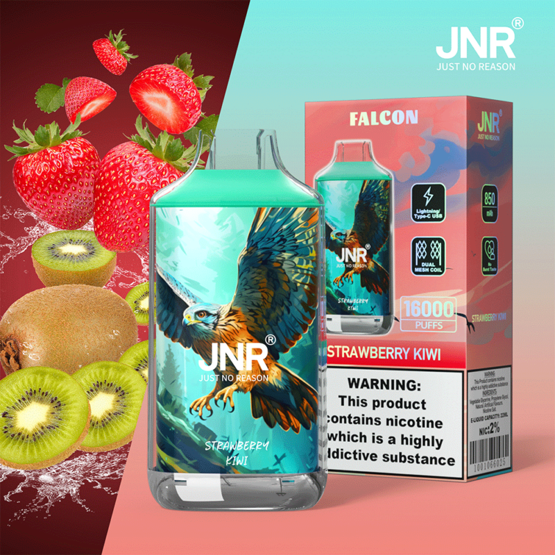 Un dispositivo per svapare con un disegno a forma di falco, etichettato "JNR Just No Reason", con aromi di fragola e kiwi e una confezione che evidenzia 16.000 boccate e un avviso sul contenuto di nicotina.