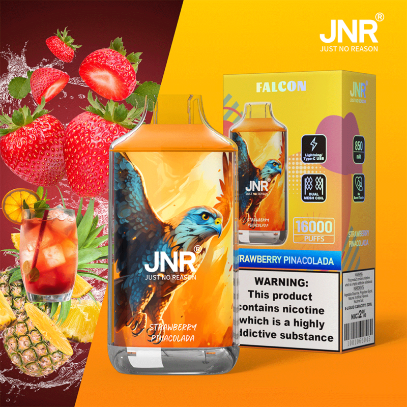 Dispositivo e confezione per sigaretta elettronica con l'illustrazione di un falco, etichettati "JNR Just No Reason" e "Strawberry Pinacolada", che mostrano le specifiche del prodotto, come 16.000 boccate, 850 mAh, doppia bobina a maglie e un'etichetta di avvertenza sulla nicotina.