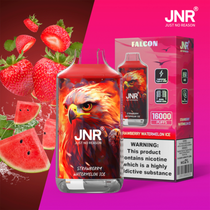 Strawberry Watermelon Ice-flavored vape-enhet från JNR, märkt "Falcon", med en levande örnillustration, 850 mAh batteri, Type-C-laddning, dubbel mesh-spole och 16 000 puffskapacitet med en nikotinvarning.