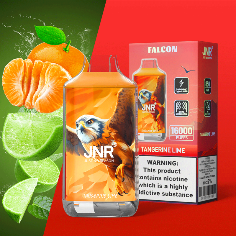 Svapo monouso JNR Falcon al gusto di mandarino e lime con batteria da 850 mAh, doppia bobina a rete, ricarica Type-C e 16.000 boccate, con illustrazione di un'aquila sulla confezione.
