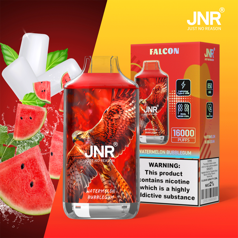 Dispositivo per svapare rosso e giallo con un falco sull'etichetta, marchiato JNR "Just No Reason", con un sapore "Watermelon Bubblegum", pubblicizzato come 16.000 tiri e contenente nicotina. La confezione mostra il dispositivo, il sapore e un avviso sanitario sulla dipendenza da nicotina.