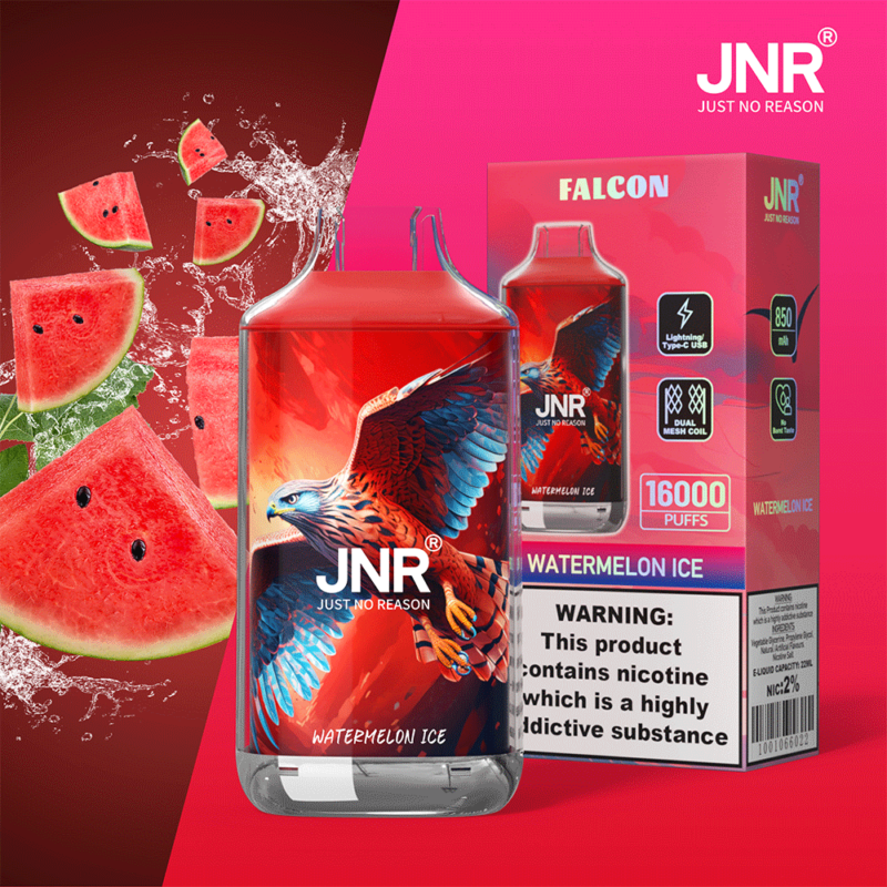 Svapo JNR Falcon Watermelon Ice con 16.000 boccate, caratterizzato da un design con falco rosso e blu, etichetta di avvertenza sulla dipendenza da nicotina e dettagli sulla batteria da 850 mAh, doppia bobina a maglie e ricarica USB di tipo C.
