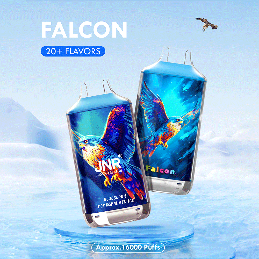 Två färgglada vape-enheter märkta "Falcon" med en örnillustration på vardera, som visar varumärket "JNR - Just No Reason" och "Blueberry Pomegranate Ice"-smak. Bakgrunden har en himmel och moln, och text indikerar "20+ smaker" och "Cirka 16000 puffar."