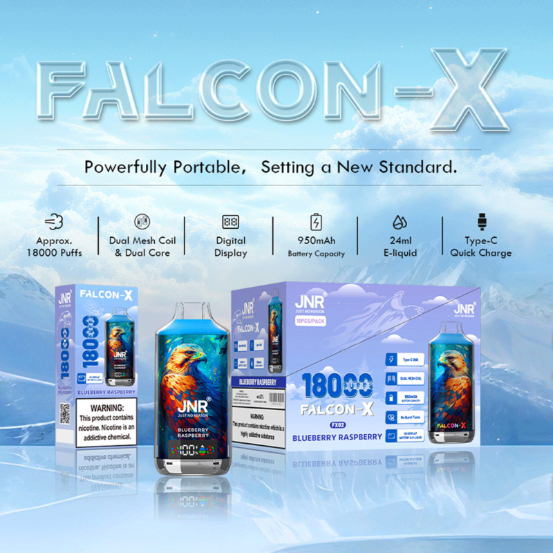 Publicité du produit de vapotage JNR Falcon-X 18K Puffs présentant une saveur myrtille framboise, mettant en valeur environ 18 000 bouffées, une bobine à double maille, un affichage numérique, une batterie de 950 mAh, un e-liquide de 24 ml et une charge rapide de type C.