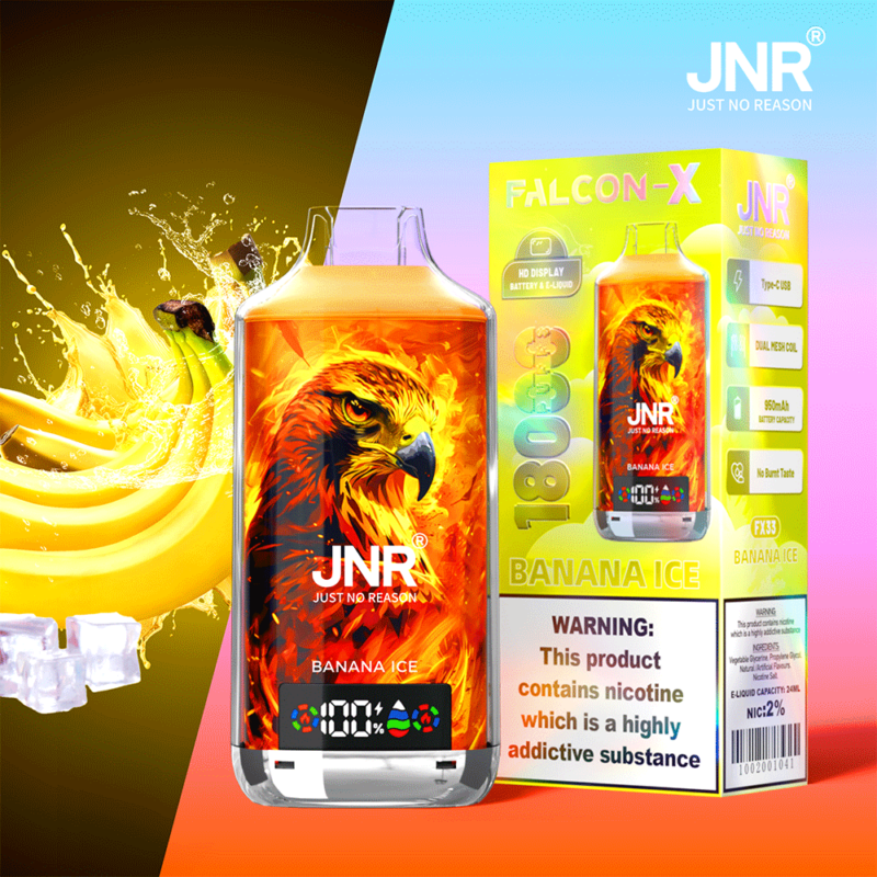 Un produit de cigarette électronique étiqueté « JNR Just No Reason » avec la saveur « Banana Ice », comportant une image d'un aigle et de bananes, à côté de la boîte d'emballage affichant un avertissement concernant la dépendance à la nicotine.