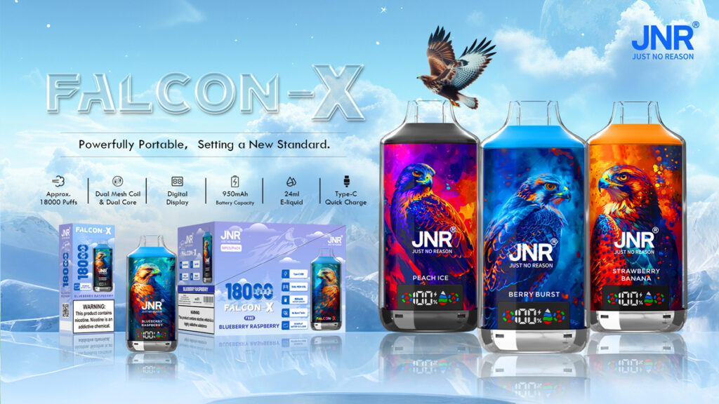 Annons för JNR Falcon-X vape, som visar upp smakerna Peach Ice, Berry Burst och Strawberry Banana, med en falk som flyger ovanför. Funktioner inkluderar 18 000 puffar, dubbel mesh-spole, 950mAh-batteri och 24 ml e-vätskekapacitet.