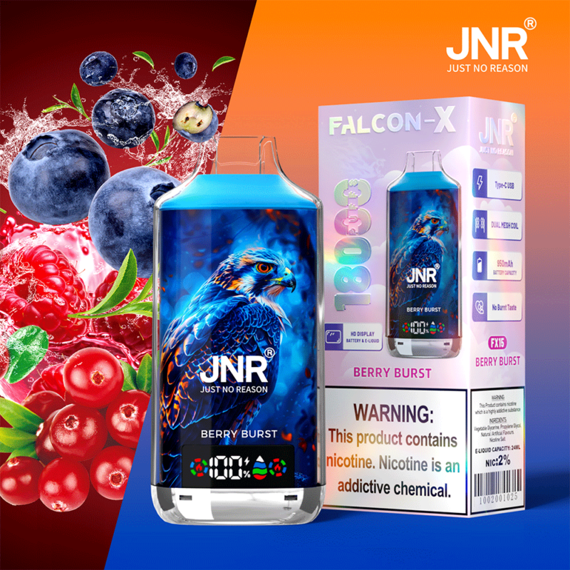 Une publicité dynamique pour un produit de vapotage montrant un appareil de vapotage de marque JNR appelé « Falcon-X » avec la saveur « Berry Burst ». Le design présente une image détaillée d'un faucon bleu, avec des baies fraîches en arrière-plan, et des spécifications de produit comprenant 18 000 bouffées et 2% de nicotine.