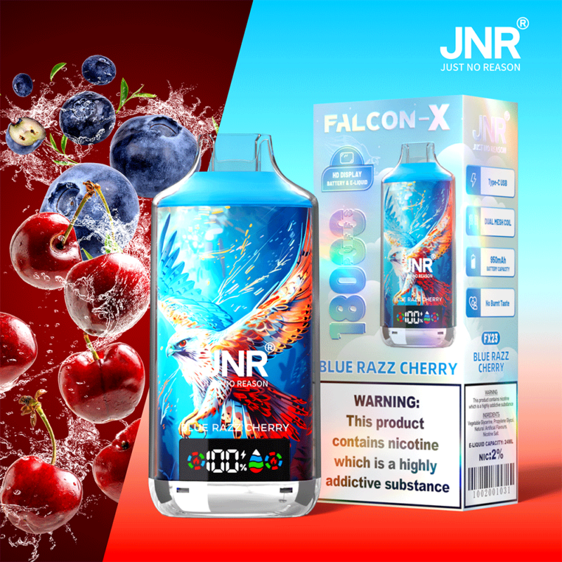 Produit de vape JNR Falcon-X Blue Razz Cherry avec fruits et emballage, comportant un design d'aigle et un avertissement sur la teneur en nicotine.
