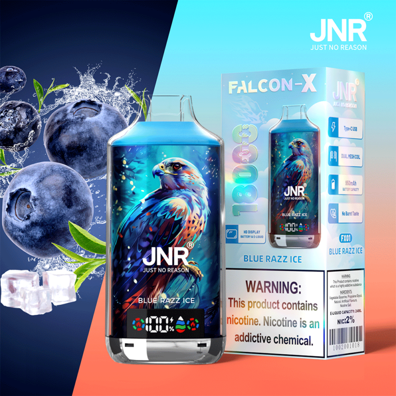 Emballage du produit de vapotage JNR Blue Razz Ice avec une illustration d'oiseau colorée, des myrtilles, des glaçons et une étiquette d'avertissement sur la nicotine.