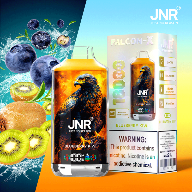 Emballage du vaporisateur aromatisé JNR « Just No Reason » Blueberry Kiwi avec un design de faucon, entouré d'images de myrtilles et de kiwis, comportant des avertissements sur la teneur en nicotine.